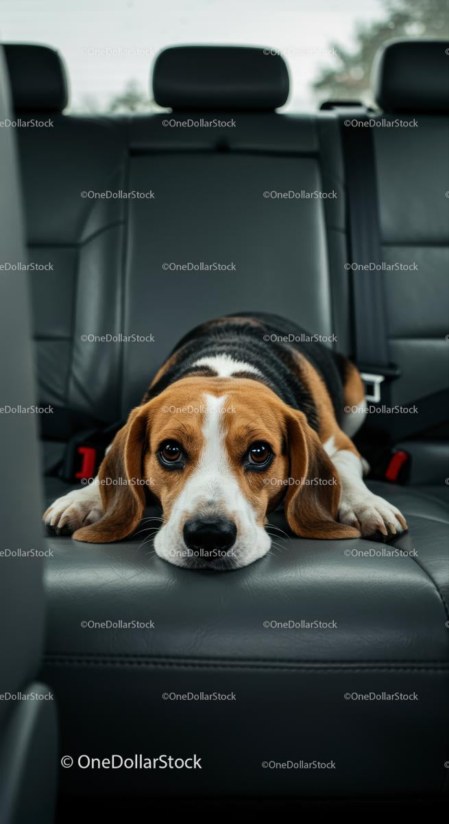 Beagle Dog Resting on Car Backseat