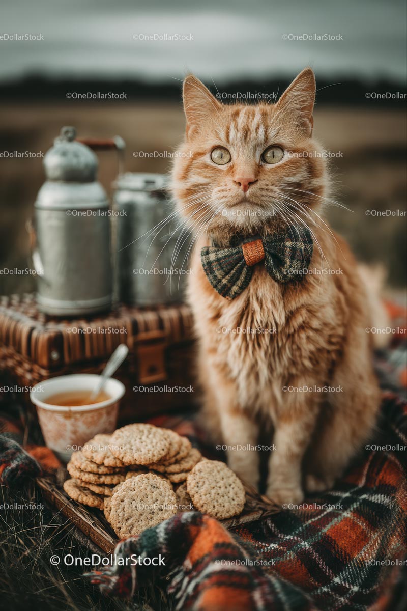 Ginger Cat with Bow Tie at Cozy Outdoor Picnic