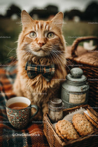 Ginger Cat in Bow Tie Beside Picnic Basket