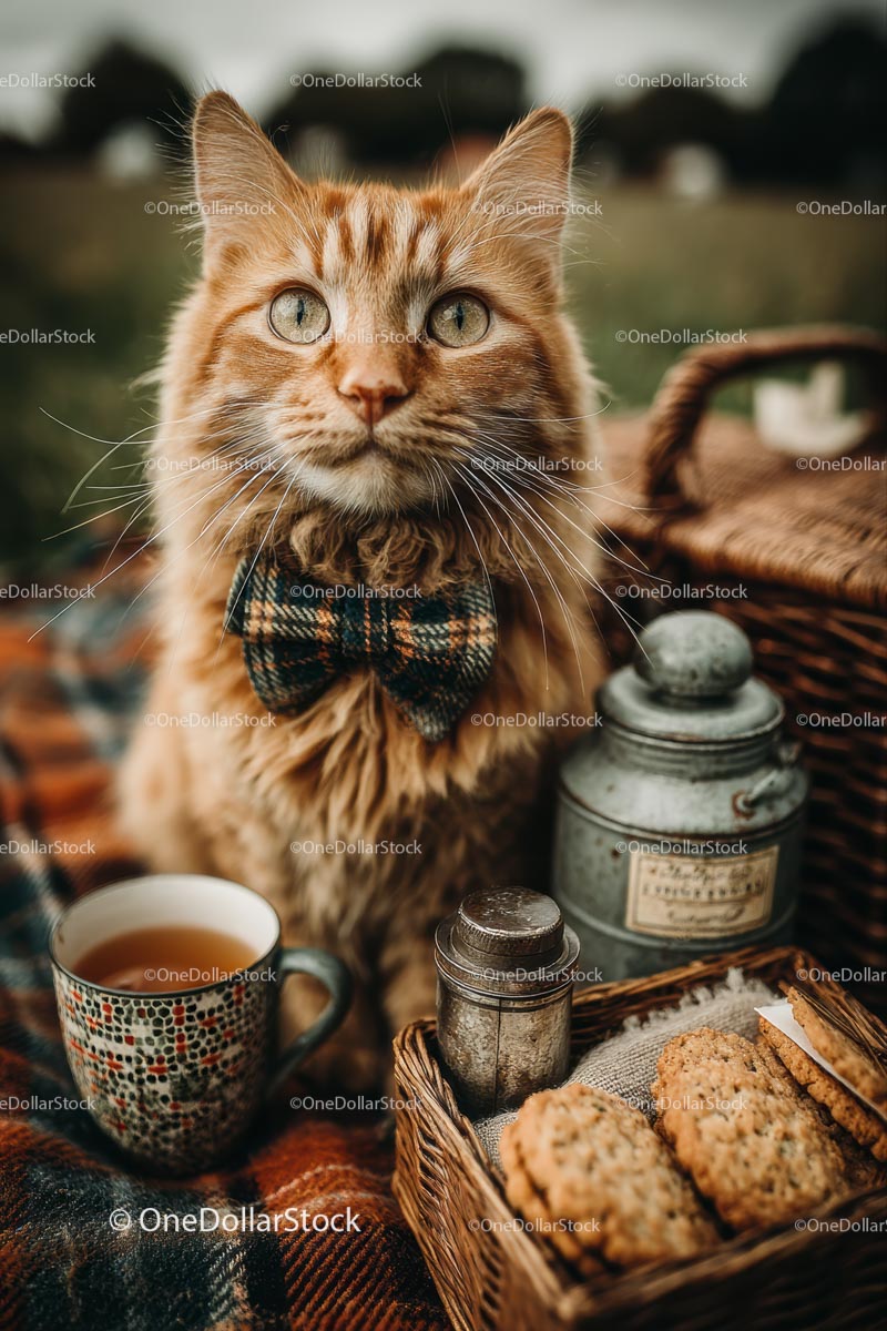 Ginger Cat in Bow Tie Beside Picnic Basket