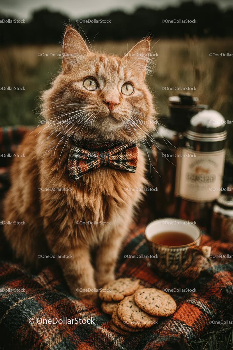 Ginger Cat in Bow Tie Enjoying Cozy Outdoor Picnic