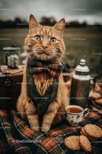 Ginger Cat in Plaid Bow Tie Enjoying Cozy Picnic