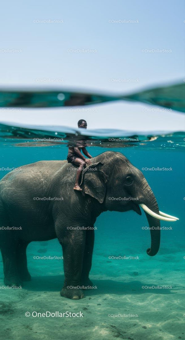 Child Riding Elephant Underwater in Clear Ocean
