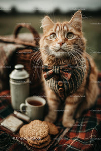 Ginger Cat Enjoys Cozy Autumn Picnic Outdoors