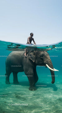 Man Riding Elephant in Tranquil Ocean Waters
