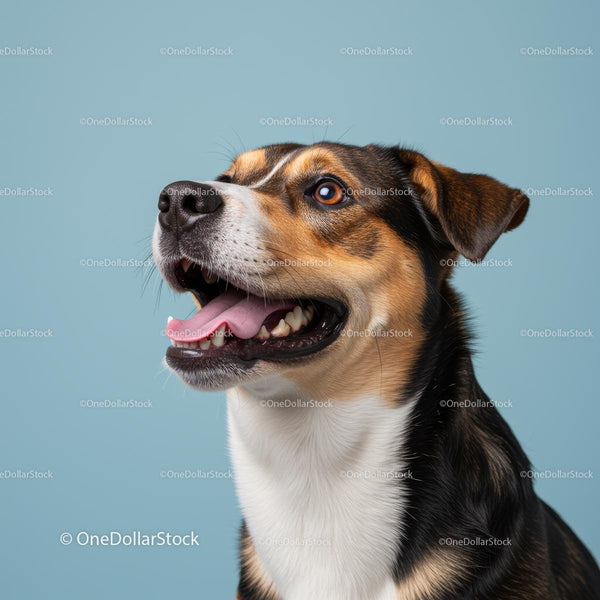 Happy Beagle Mix Against a Soft Blue Background