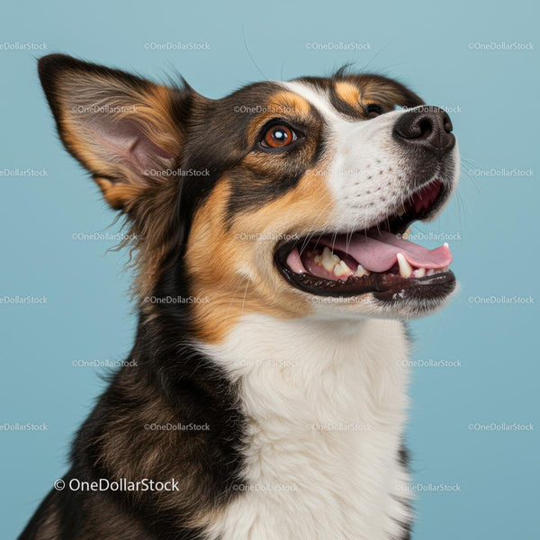 Smiling Dog with Bright Eyes Against Blue Background