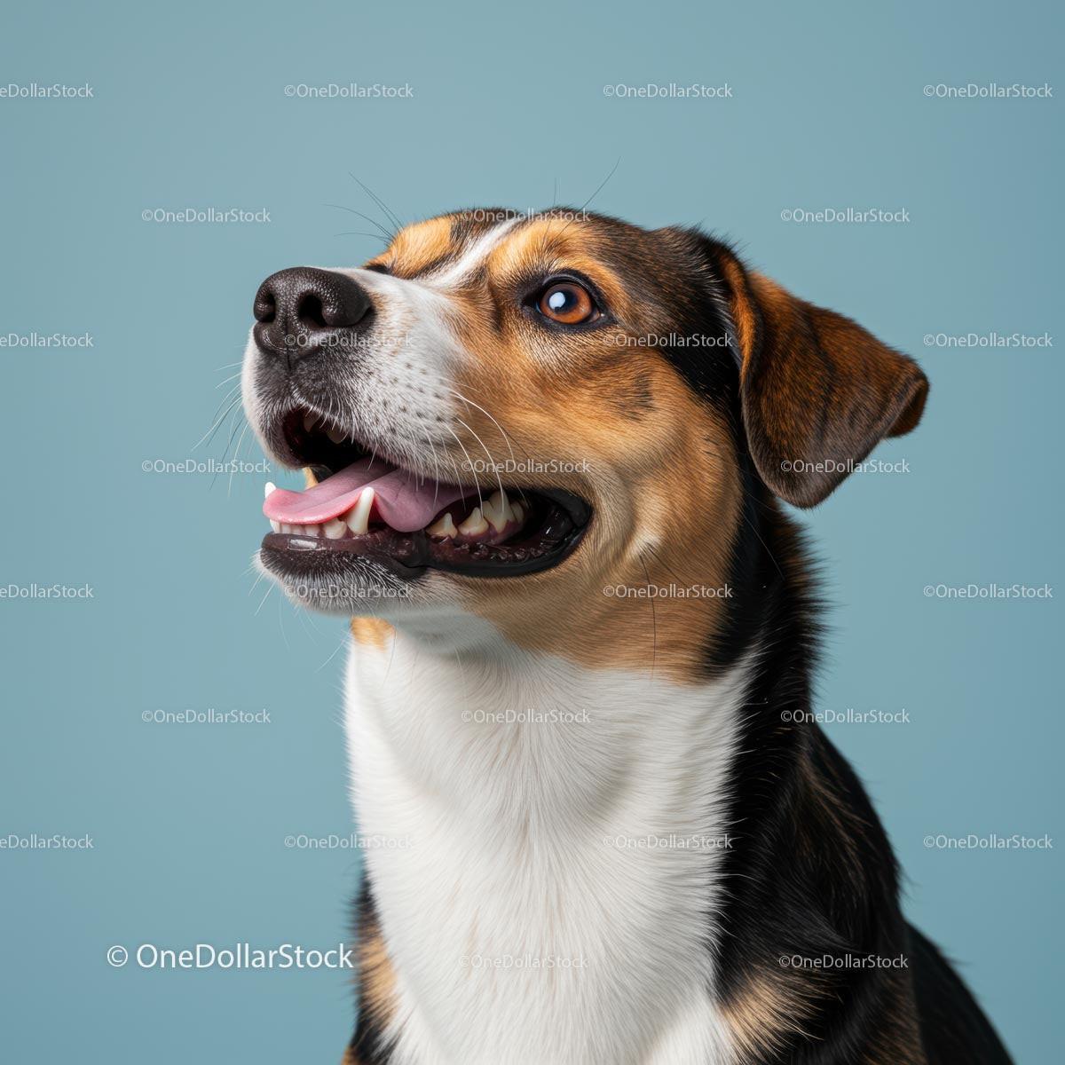Smiling Beagle Mix Dog on Blue Background