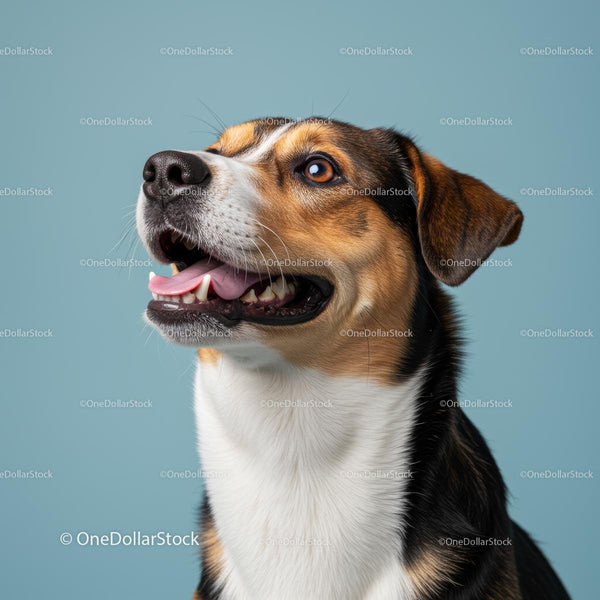 Smiling Beagle Mix Dog on Blue Background
