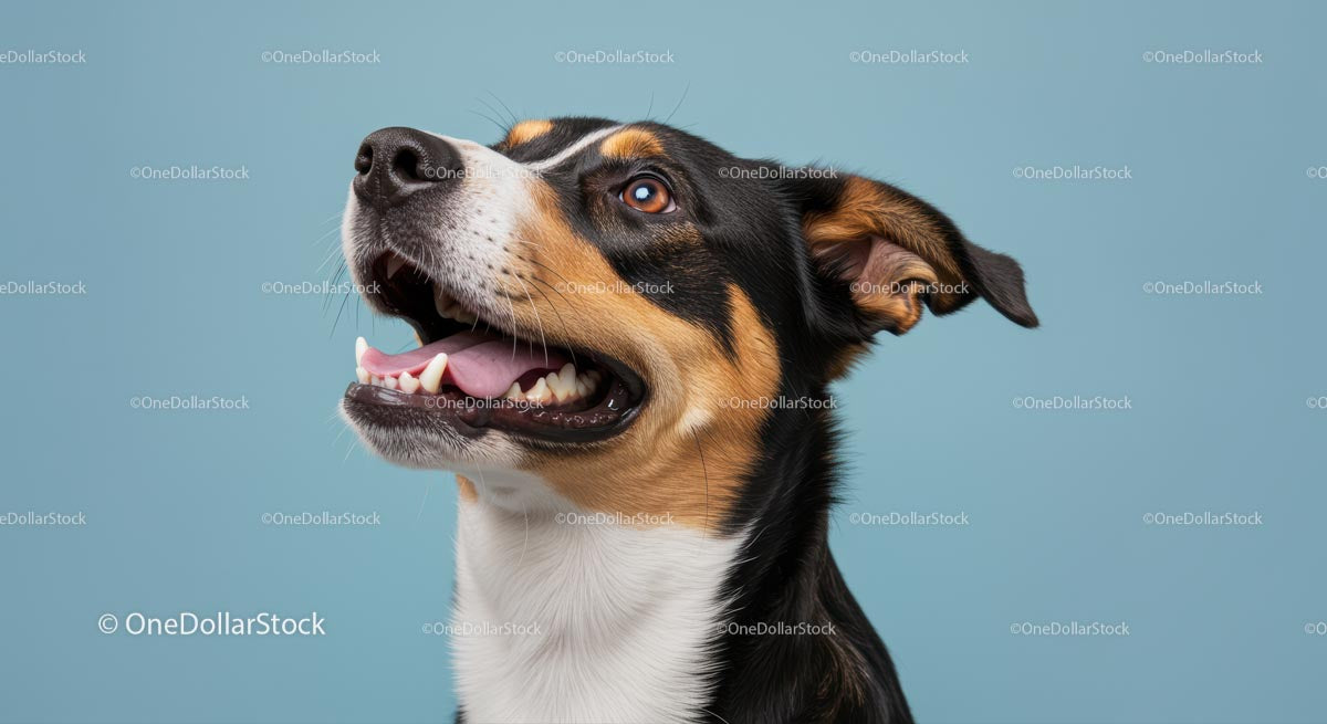 Joyful Tricolor Dog Smiling Against Blue Background
