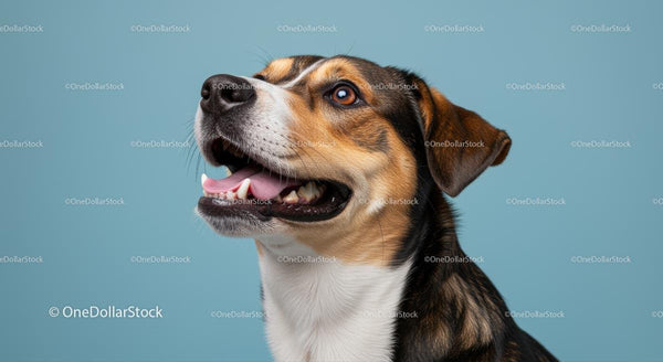 Happy Beagle Mix Dog Smiling on Blue Background