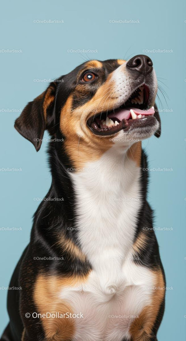 Joyful Tricolor Dog Portrait Against Blue Background