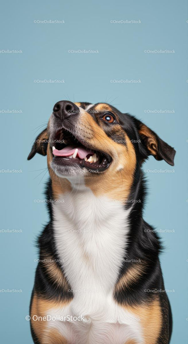Happy Tricolor Dog Against a Blue Background