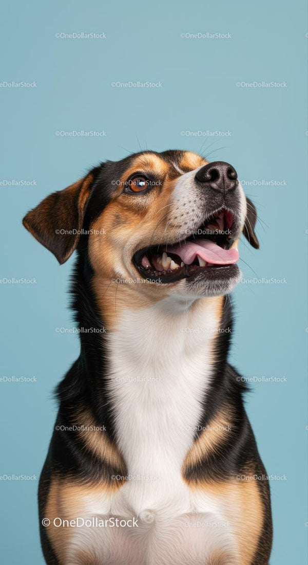 Happy Beagle Mix Dog with Blue Background