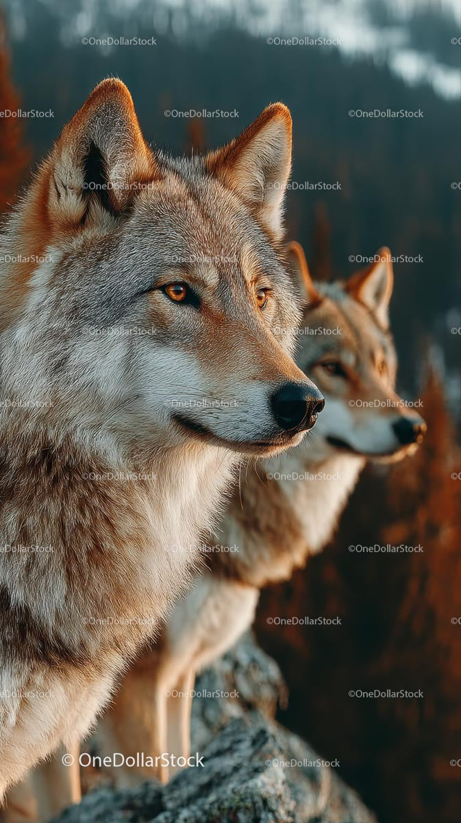 Majestic Wolves in Wilderness Under Golden Sunlight