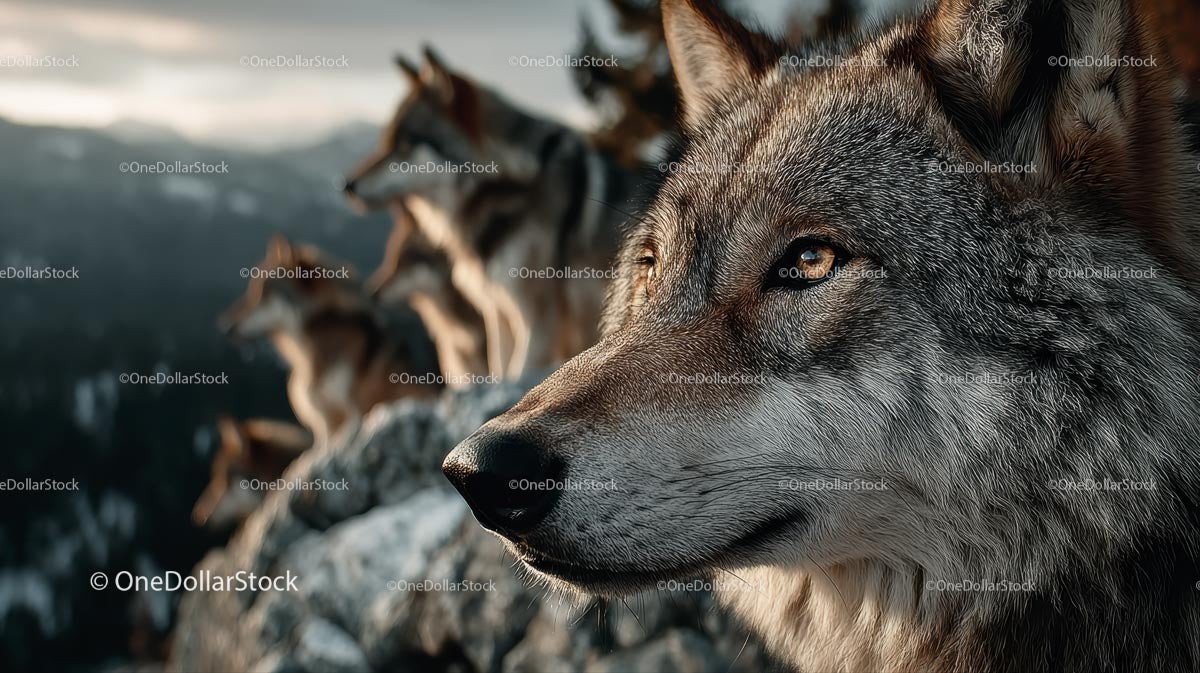 Majestic Wolf Pack Overlooking Mountain Landscape
