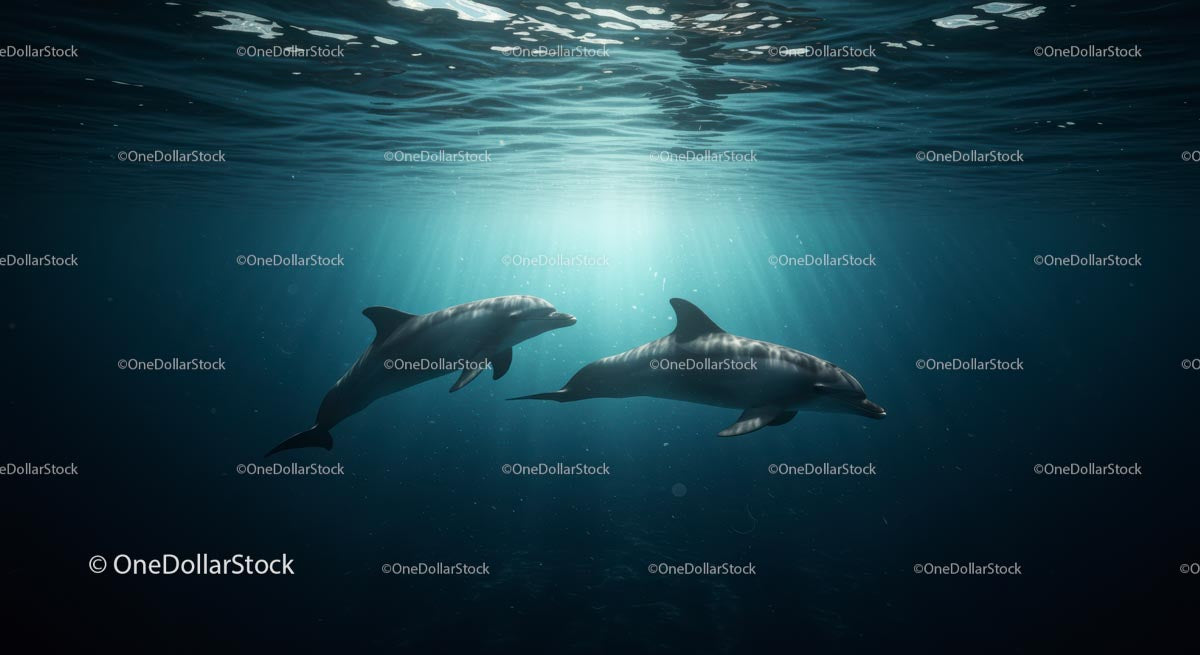 Delfiny pływają w rozświetlonych słońcem wodach oceanu