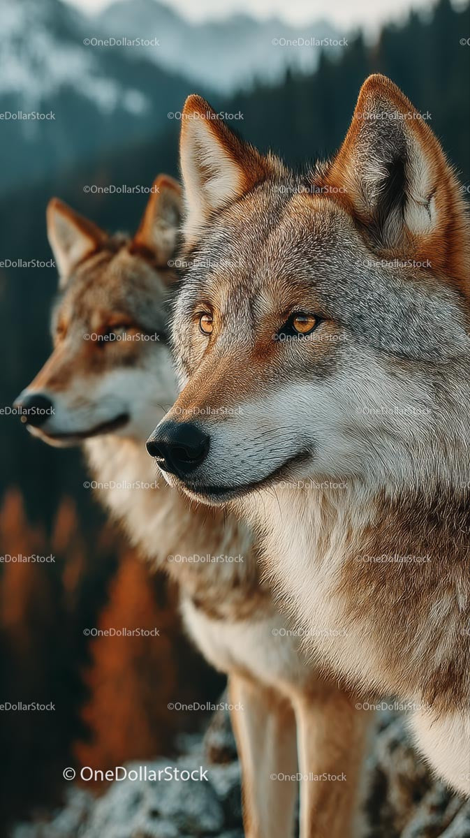 Majestic Grey Wolves Standing in Autumnal Forest