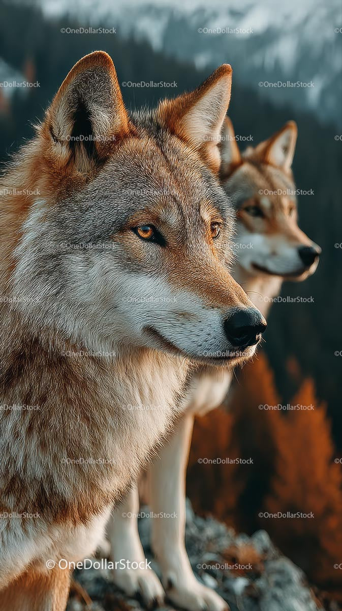 Majestic Wolves in Serene Autumn Forest Landscape