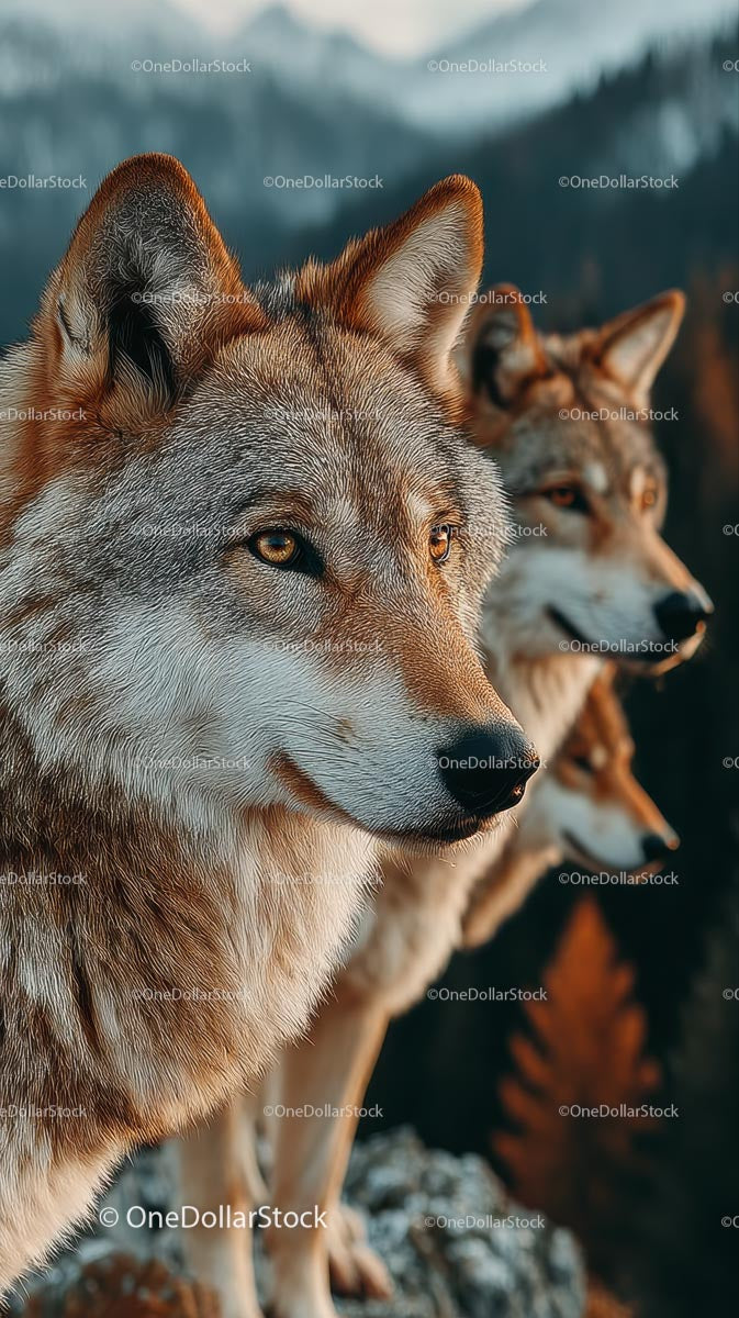 Majestic Wolves Against a Scenic Mountain Backdrop