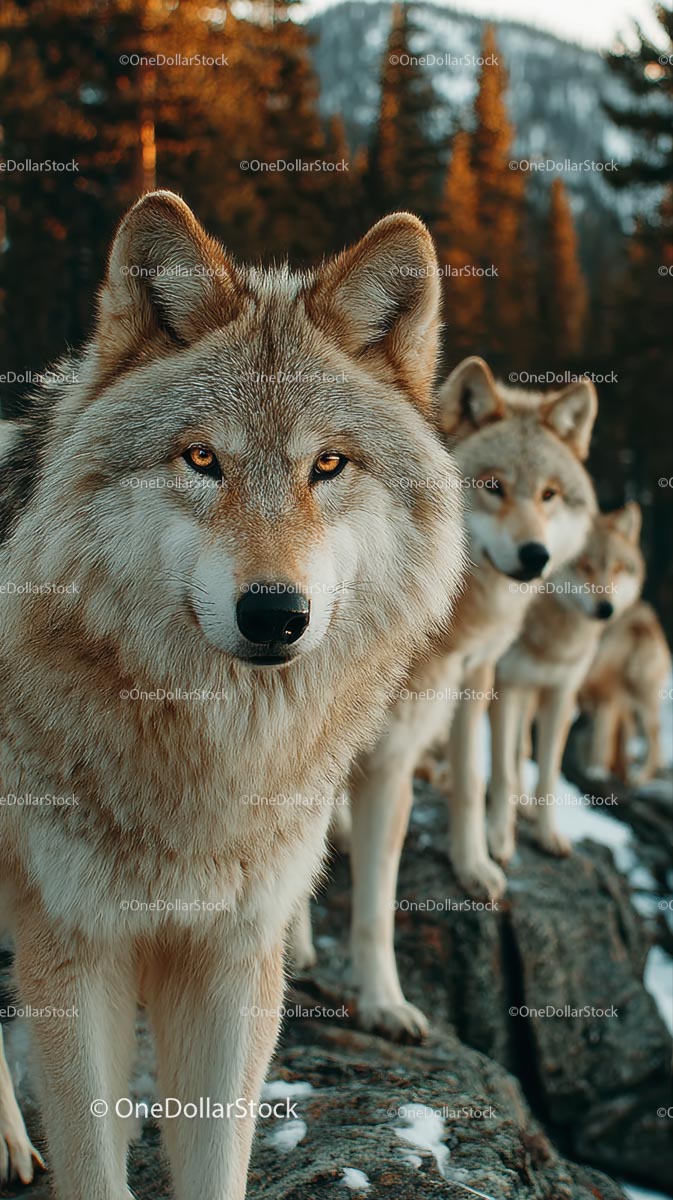 Majestic Wolf Pack in a Forested Winter Landscape
