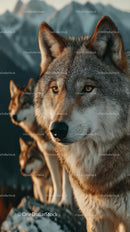 Majestic Wolf Pack at Sunset in Mountainous Landscape