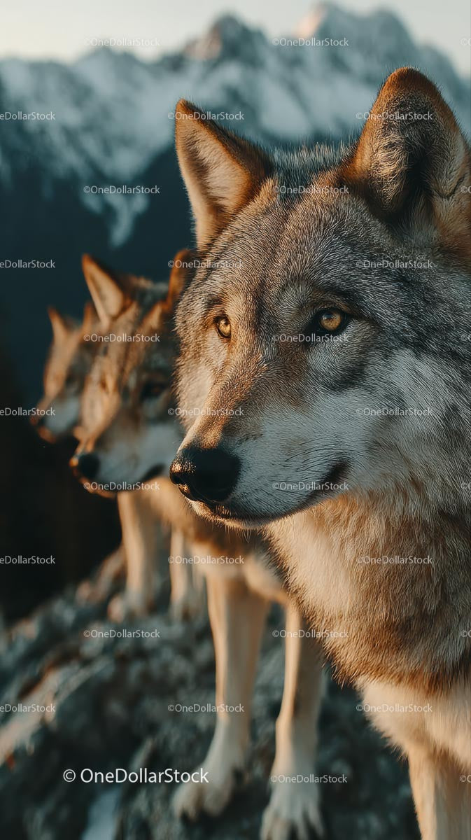 Grey Wolves Pack in Majestic Mountain Scenery