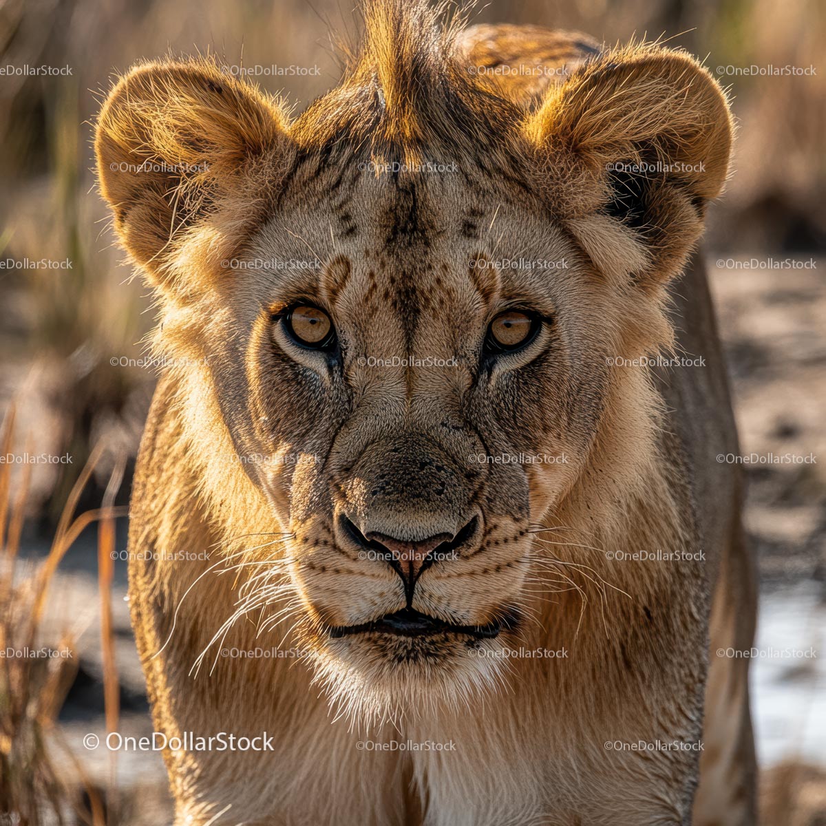 Majestic Lion Staring Intently in African Savannah