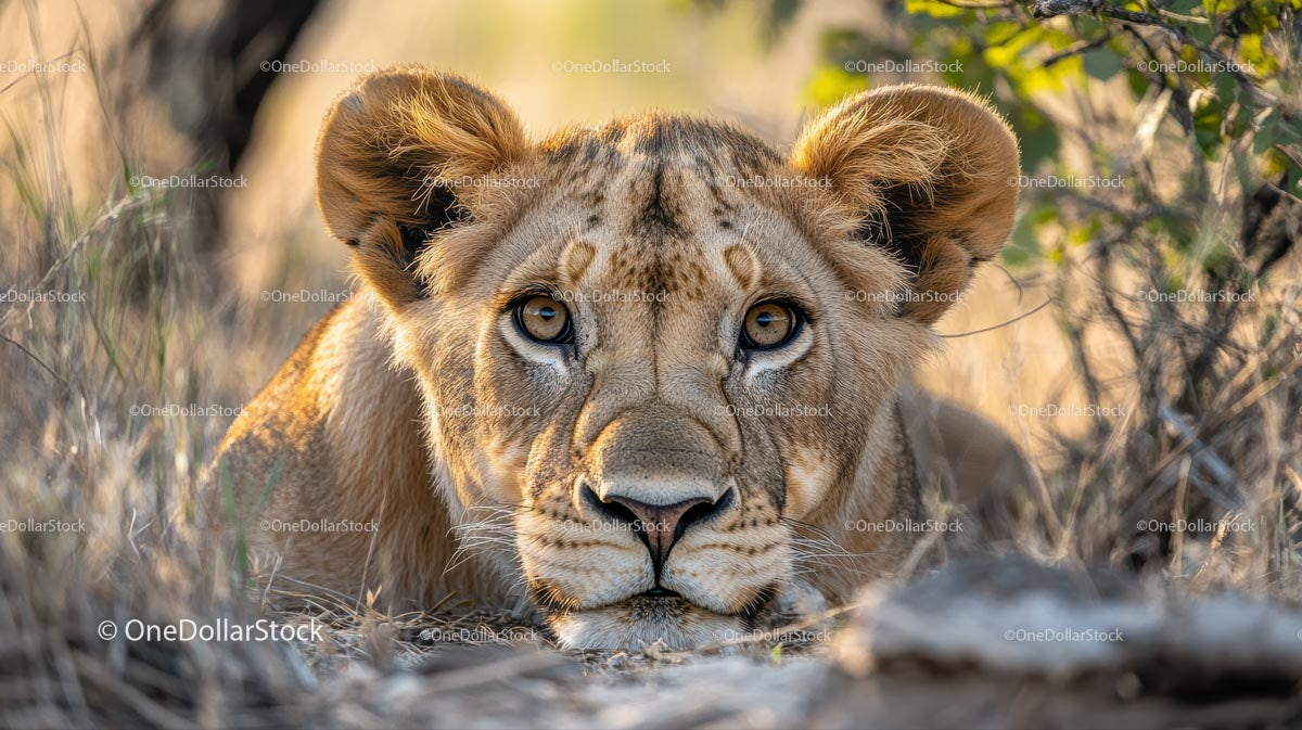 Lion Cub Resting in the African Savannah at Golden Hour
