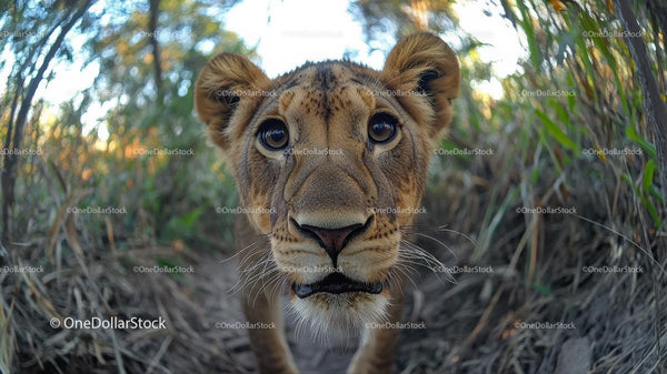 Close-Up of Curious Lion Cub in Natural Habitat