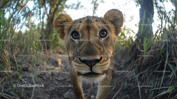 Close-Up of Curious Lion Cub in Natural Habitat
