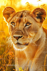 Majestic Lioness in Golden Savanna Light