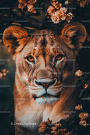 Majestic Lion Amidst Blossoming Flora