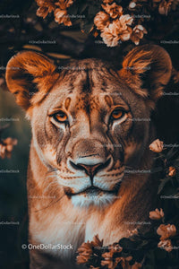 Majestic Lion Amidst Blossoming Flora