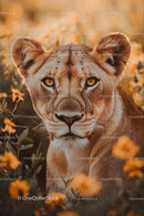 Majestic Lioness Amid Golden Savannah Blooms