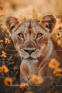 Majestic Lioness Amid Golden Savannah Blooms