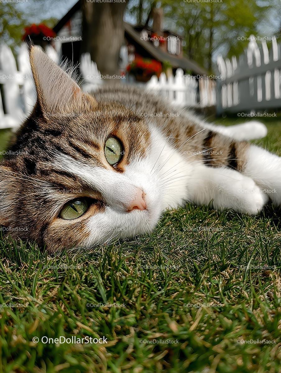 Tabby Cat Relaxing on Grass by White Picket Fence