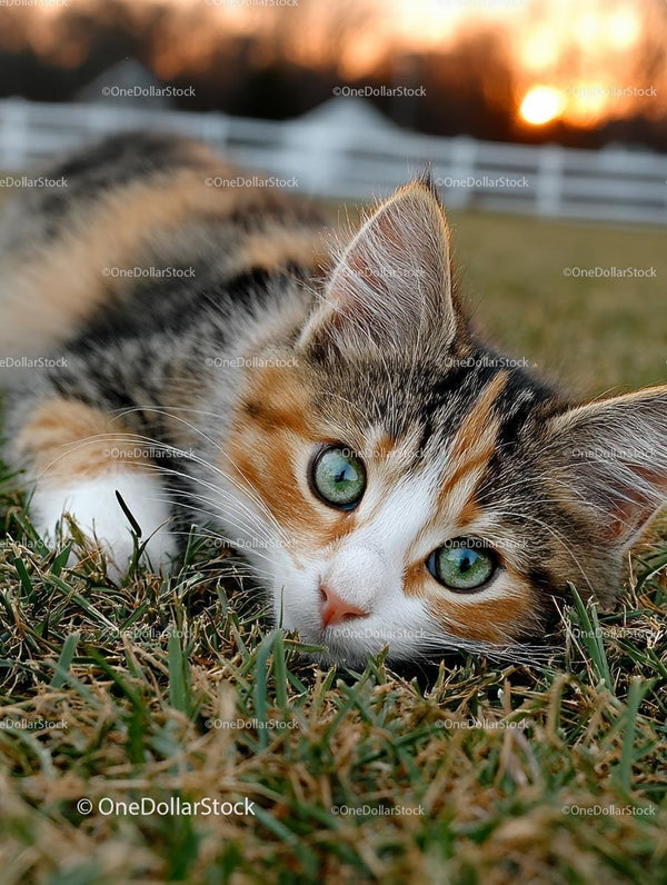 Playful Calico Kitten Relaxing on Grass at Sunset