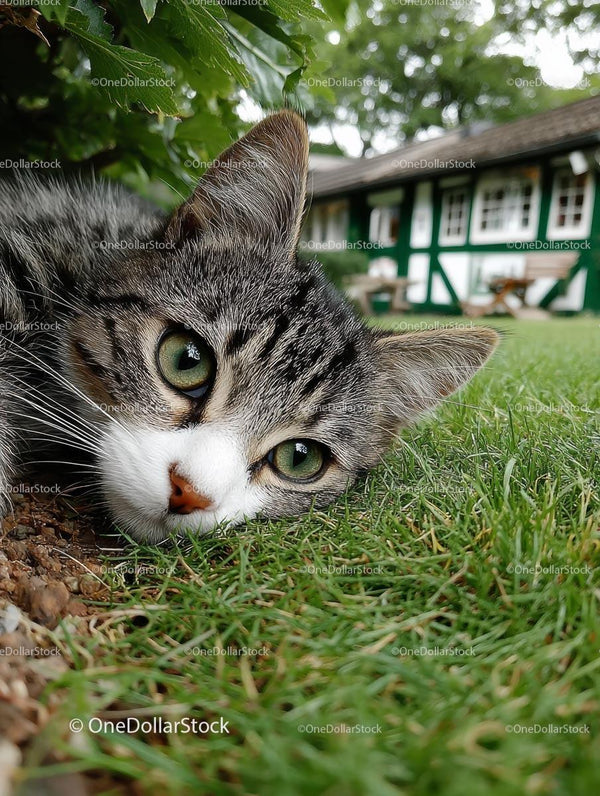 Playful Tabby Cat Relaxing in Lush Garden