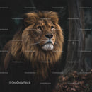 Majestic Lion with Golden Mane in Forest Setting