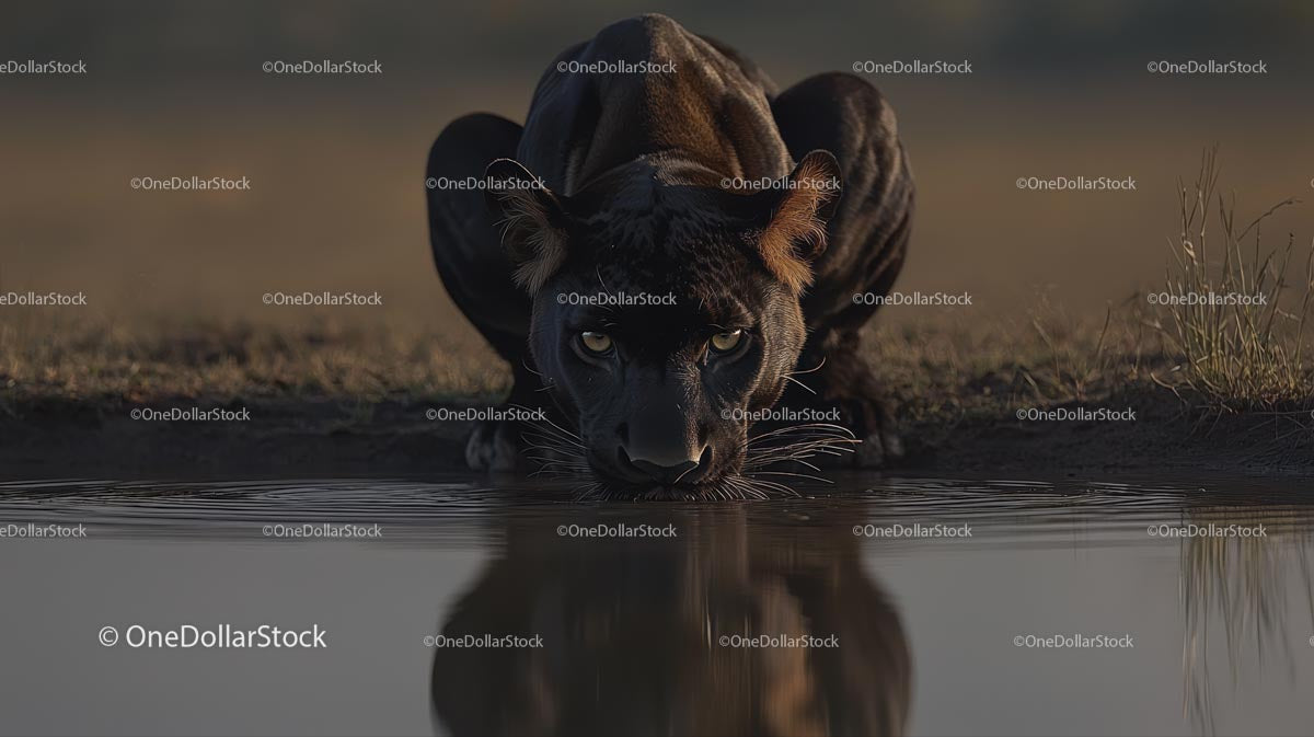 Black Panther Drinking from Calm Pond Reflection