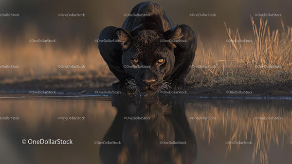 Majestic Black Panther Drinking at Sunset in the Savanna