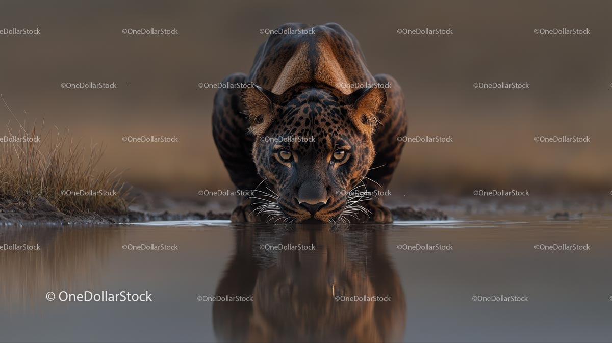 Black Panther Drinking Water at the Edge of a Pond