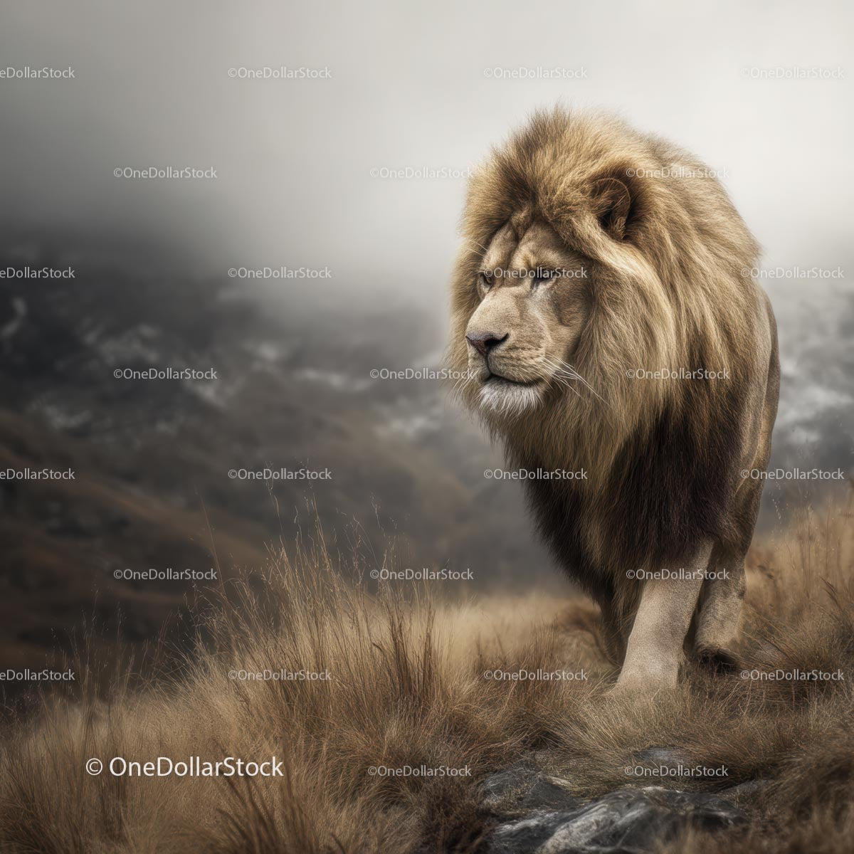 Majestic Lion Standing Proudly in a Foggy African Landscape