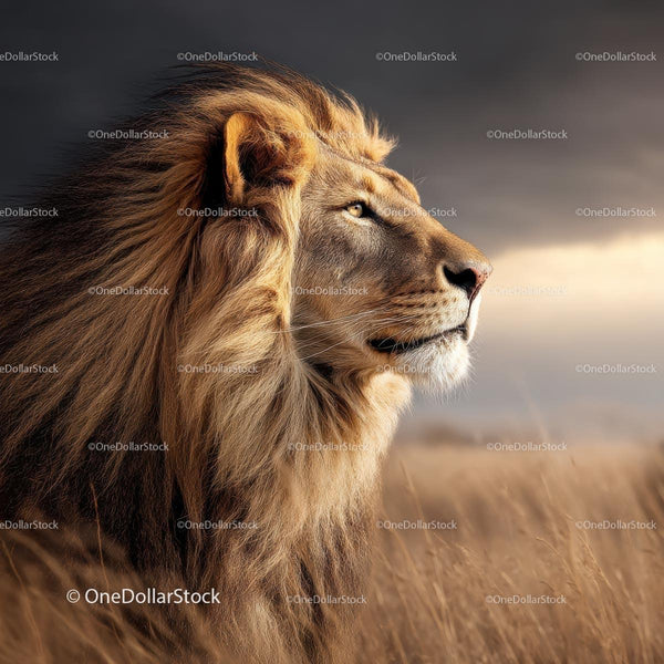 Majestic Lion with Golden Mane in Savannah at Sunset