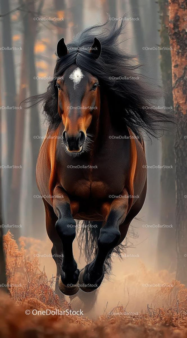 Majestic Horse Galloping Through Enchanting Forest