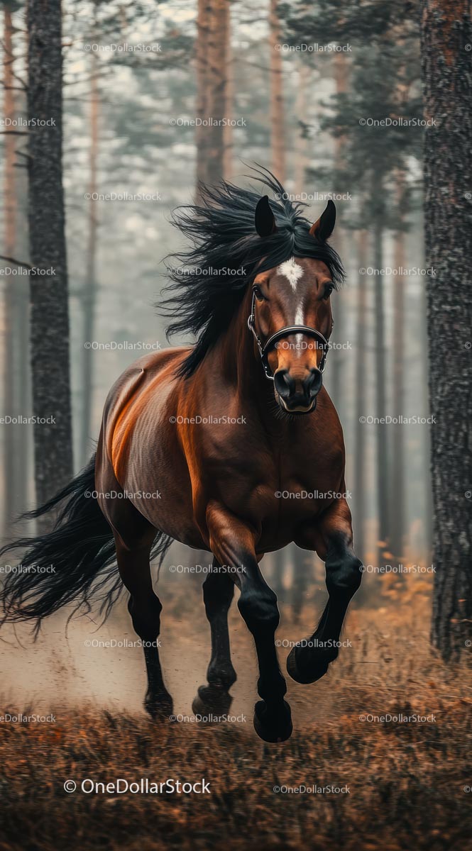 Galloping Brown Stallion in Autumn Forest