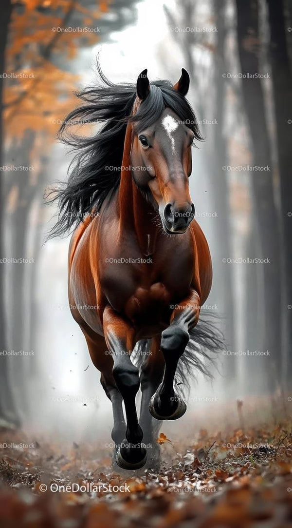 Majestic Brown Horse Galloping Through Autumn Forest
