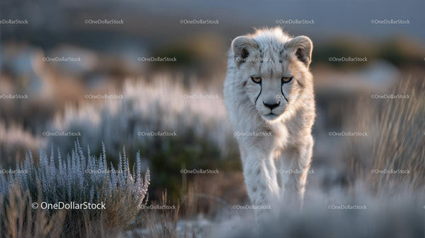 Majestic White Lion Strolling Through Grassland
