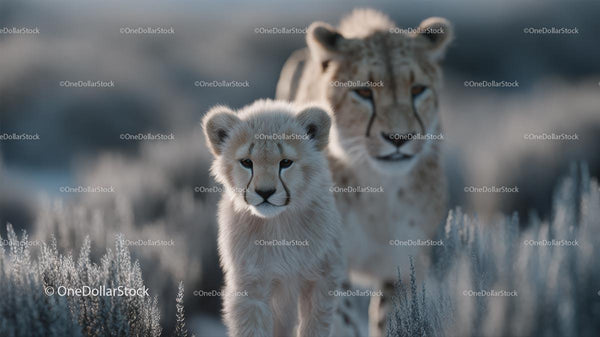 Cheetah Cub with Protective Mother in Serene Savannah